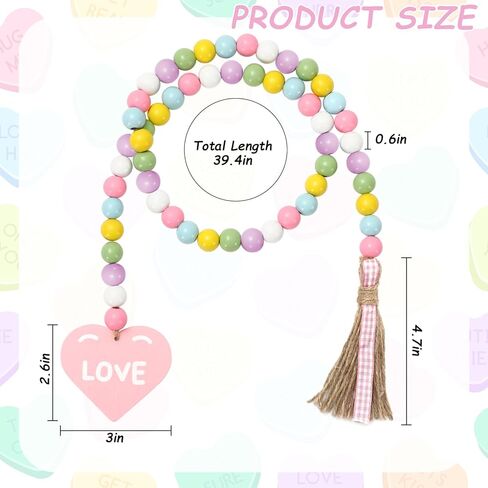 JarThenaAMCS Valentine's Day Wood Bead Garland with Love Heart Tag Tassels 40 Inch Candy Color Hanging Wooden Bead Ornaments for Tiered Tray Fireplace Vase in Saudi Arabia