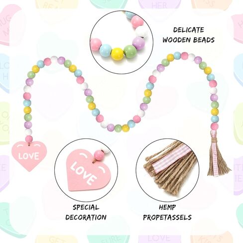 JarThenaAMCS Valentine's Day Wood Bead Garland with Love Heart Tag Tassels 40 Inch Candy Color Hanging Wooden Bead Ornaments for Tiered Tray Fireplace Vase in Saudi Arabia