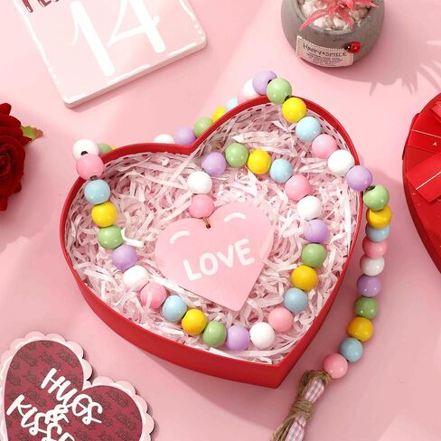 JarThenaAMCS Valentine's Day Wood Bead Garland with Love Heart Tag Tassels 40 Inch Candy Color Hanging Wooden Bead Ornaments for Tiered Tray Fireplace Vase in Saudi Arabia