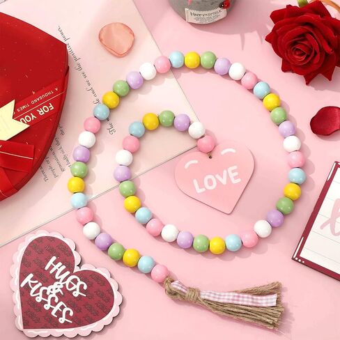 JarThenaAMCS Valentine's Day Wood Bead Garland with Love Heart Tag Tassels 40 Inch Candy Color Hanging Wooden Bead Ornaments for Tiered Tray Fireplace Vase in Saudi Arabia
