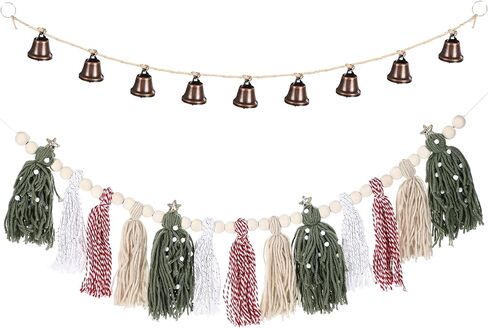Tenceur Boho Pastel شجرة عيد الميلاد شرابات إكليل مع الخرز الخشبي وأجراس عيد الميلاد العتيقة لافتة إكليل لتزيين شجرة عيد الميلاد عطلة كوخ رف غرفة نوم الحضانة معلقة جدار الباب in Saudi Arabia