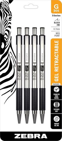 Zebra Pen G-301 Retractable Gel Pen, Premium Stainless Steel Barrel, Medium Point, 0.7mm, Blue Ink, 4-Pack, (41324) in Kuwait