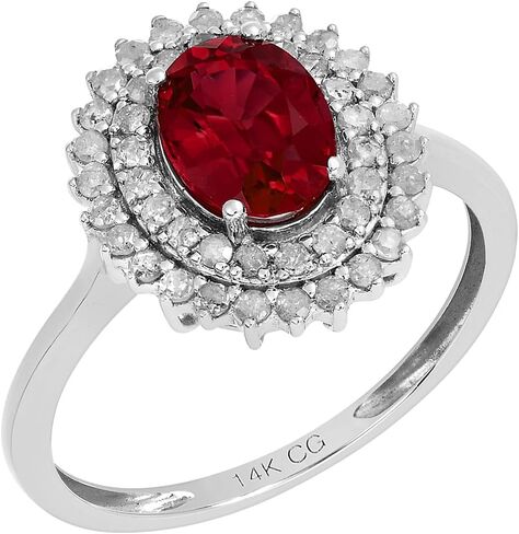 14k Solid White Gold Oval Gemstone and Double Halo Natural Diamond Birthstone Engagement Ring in Saudi Arabia