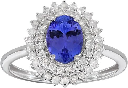 14k Solid White Gold Oval Gemstone and Double Halo Natural Diamond Birthstone Engagement Ring in Saudi Arabia