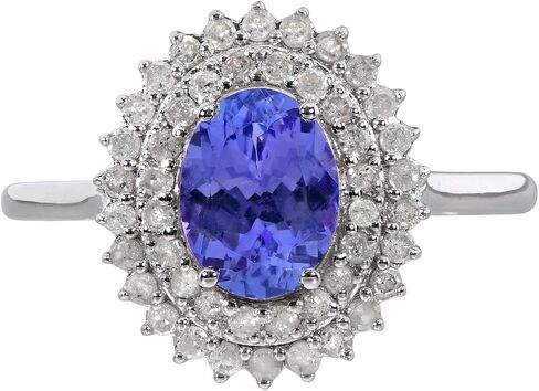 14k Solid White Gold Oval Gemstone and Double Halo Natural Diamond Birthstone Engagement Ring in Saudi Arabia