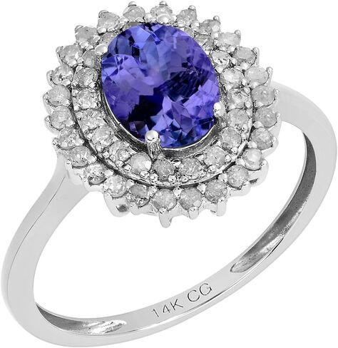 14k Solid White Gold Oval Gemstone and Double Halo Natural Diamond Birthstone Engagement Ring in Saudi Arabia