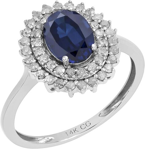 14k Solid White Gold Oval Gemstone and Double Halo Natural Diamond Birthstone Engagement Ring in Saudi Arabia