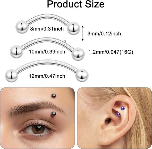 Yolev 18PCS 16g Eyebrow Piercing Jewelry,Surgical Steel Curved Barbell Piercing Jewelry, Vertical Labret Lip Jewelrys, Eyebrow Ring,Rook Piercings for Women Men,8/10/12mm,Balls 3mm in Saudi Arabia