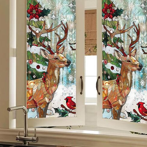 Reindeer Stained Glass Decorative Privacy Film Winter Holiday Window Cling Christmas Tree Seasonal Window Sticker for Home Kitchen Living Room 17.7 x 39.3 Inch in Saudi Arabia