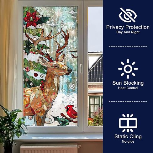 Reindeer Stained Glass Decorative Privacy Film Winter Holiday Window Cling Christmas Tree Seasonal Window Sticker for Home Kitchen Living Room 17.7 x 39.3 Inch in Saudi Arabia
