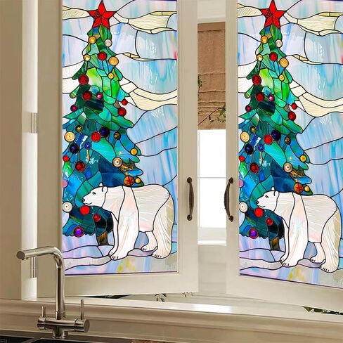 Reindeer Stained Glass Decorative Privacy Film Winter Holiday Window Cling Christmas Tree Seasonal Window Sticker for Home Kitchen Living Room 17.7 x 39.3 Inch in Saudi Arabia