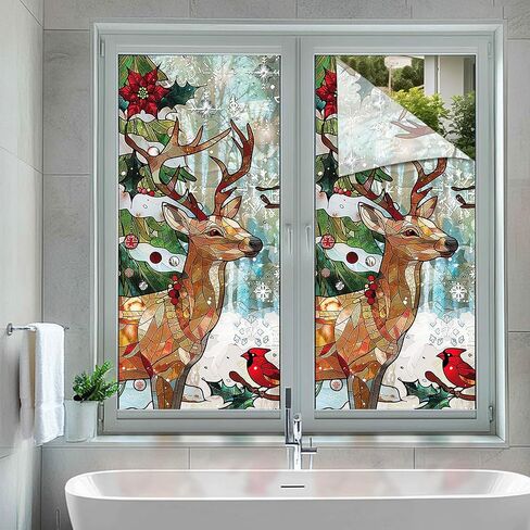Reindeer Stained Glass Decorative Privacy Film Winter Holiday Window Cling Christmas Tree Seasonal Window Sticker for Home Kitchen Living Room 17.7 x 39.3 Inch in Saudi Arabia