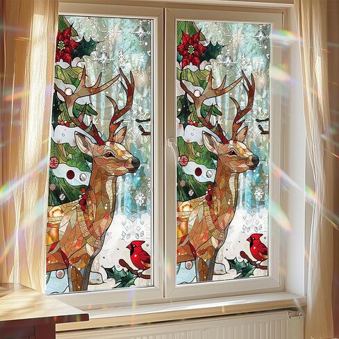 Reindeer Stained Glass Decorative Privacy Film Winter Holiday Window Cling Christmas Tree Seasonal Window Sticker for Home Kitchen Living Room 17.7 x 39.3 Inch in Saudi Arabia