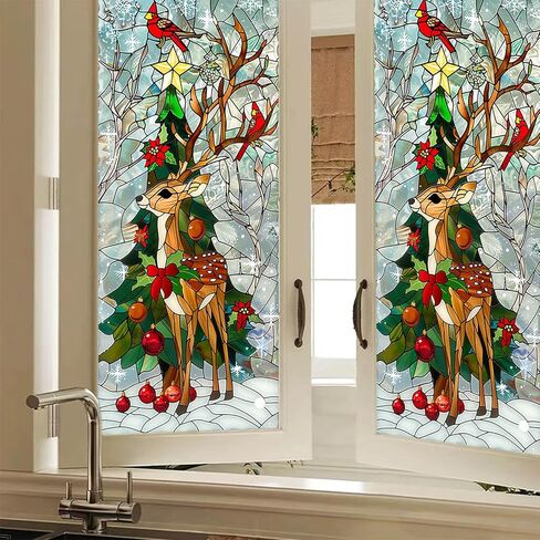 Reindeer Stained Glass Decorative Privacy Film Winter Holiday Window Cling Christmas Tree Seasonal Window Sticker for Home Kitchen Living Room 17.7 x 39.3 Inch in Saudi Arabia