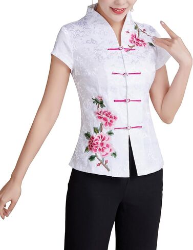 Women’s Jacquard Floral Peony Embroidery V-Neck Stand-Collar Chinese Blouse in Saudi Arabia