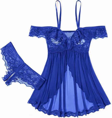 Avidlove Sexy Cut Out Off Shoulder Sheer Mesh Lace Wireless Babydoll Lingerie Dress with Thong 2 Piece in Saudi Arabia