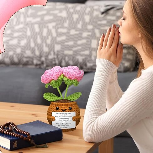 هدية عيد الحب المسيحية للنساء، دمية كروشيه مصنوعة يدويًا مع بطاقة صلاة آية من الكتاب المقدس، كروشيه ديني ملهم لكنيسة مجموعة الأحد (زهرة الورد) in Kuwait
