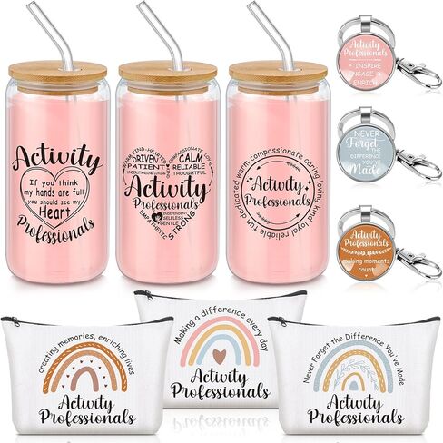 9 Pcs Activity Professionals Week Gift for Women 16 oz Glass Cup Cosmetic Bag with Zipper Appreciation Keychains Bulk for Activity Director Assistant Team Coworker Stuff Thank You Gifts in Saudi Arabia