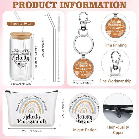 9 Pcs Activity Professionals Week Gift for Women 16 oz Glass Cup Cosmetic Bag with Zipper Appreciation Keychains Bulk for Activity Director Assistant Team Coworker Stuff Thank You Gifts in Saudi Arabia