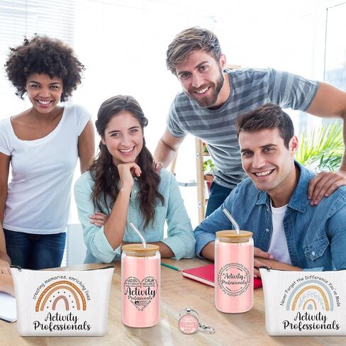 9 Pcs Activity Professionals Week Gift for Women 16 oz Glass Cup Cosmetic Bag with Zipper Appreciation Keychains Bulk for Activity Director Assistant Team Coworker Stuff Thank You Gifts in Saudi Arabia