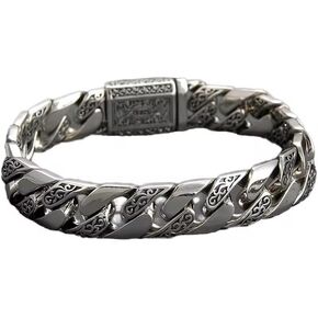 Vintage Sterling Silver Chain Bracelet for Men and Women, Engraved Vine Design, 8.7 Inches Length 22cm, 12mm Width in Saudi Arabia