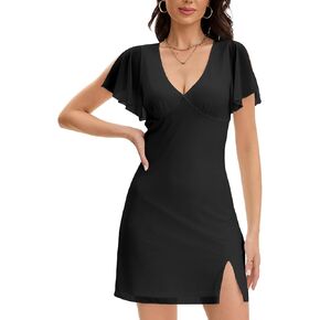 Women's Sexy Deep V Neck Ruffle Sleeve Mini Dresses Summer Side Slit Mesh Bodycon Cocktail Party Club Short Dress in Kuwait