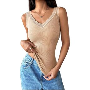 Verdusa Women's Lace Fleece Lined Tank Tops Sleeveless Ribbed Slim Fitted Tops in Saudi Arabia