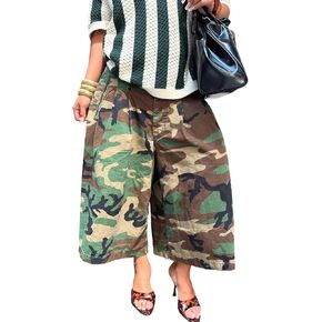 Women's Camo Cargo Jeans Baggy Camouflage Wide Leg High Waist Bermuda Trousers Capris Army Fatigue Pants in Saudi Arabia