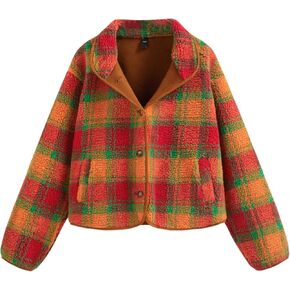 CIDER Womens Plaid Fleece Jacket Button Down Sherpa Coat Cropped Top in Kuwait