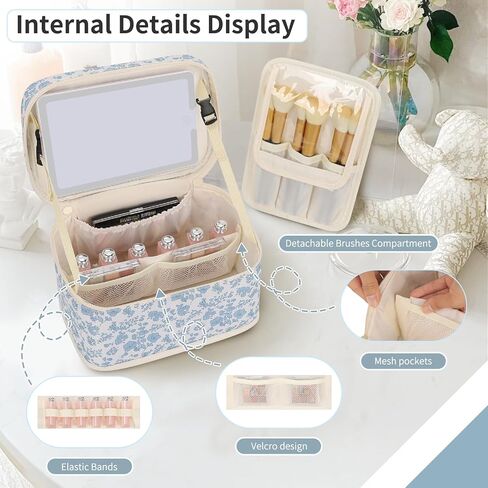 Makeup Bag With LED Mirror, Lightweight Travel Makeup Bag With 3 Color Setting Light Up Mirror Cosmetic Makeup Organizer Vanity Case for Women Beauty Tools Accessories Rechargeable Train Case-Floral in Saudi Arabia
