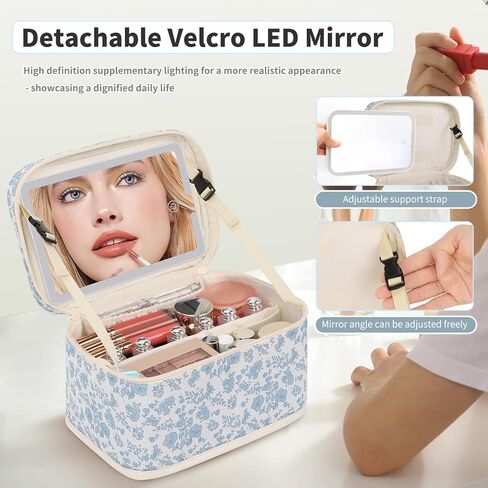 Makeup Bag With LED Mirror, Lightweight Travel Makeup Bag With 3 Color Setting Light Up Mirror Cosmetic Makeup Organizer Vanity Case for Women Beauty Tools Accessories Rechargeable Train Case-Floral in Saudi Arabia