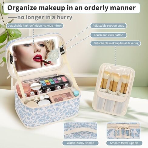 Makeup Bag With LED Mirror, Lightweight Travel Makeup Bag With 3 Color Setting Light Up Mirror Cosmetic Makeup Organizer Vanity Case for Women Beauty Tools Accessories Rechargeable Train Case-Floral in Saudi Arabia