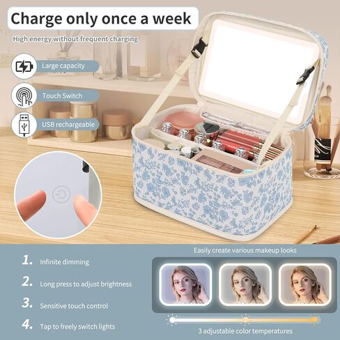 Makeup Bag With LED Mirror, Lightweight Travel Makeup Bag With 3 Color Setting Light Up Mirror Cosmetic Makeup Organizer Vanity Case for Women Beauty Tools Accessories Rechargeable Train Case-Floral in Saudi Arabia