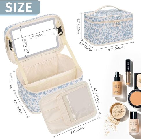 Makeup Bag With LED Mirror, Lightweight Travel Makeup Bag With 3 Color Setting Light Up Mirror Cosmetic Makeup Organizer Vanity Case for Women Beauty Tools Accessories Rechargeable Train Case-Floral in Saudi Arabia