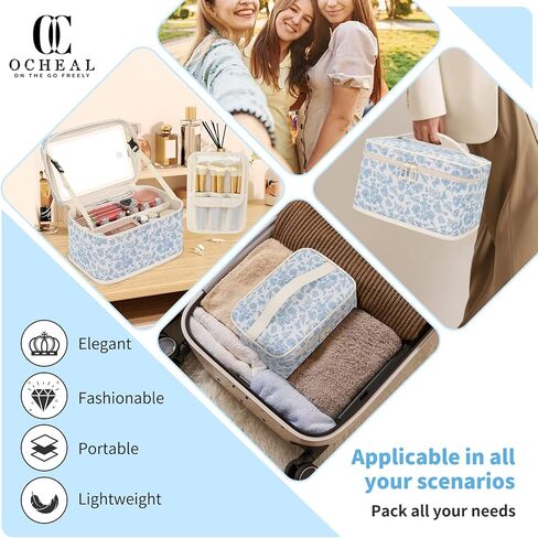 Makeup Bag With LED Mirror, Lightweight Travel Makeup Bag With 3 Color Setting Light Up Mirror Cosmetic Makeup Organizer Vanity Case for Women Beauty Tools Accessories Rechargeable Train Case-Floral in Saudi Arabia