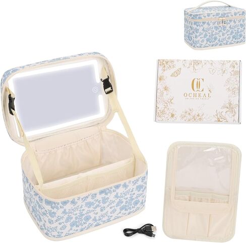 Makeup Bag With LED Mirror, Lightweight Travel Makeup Bag With 3 Color Setting Light Up Mirror Cosmetic Makeup Organizer Vanity Case for Women Beauty Tools Accessories Rechargeable Train Case-Floral in Saudi Arabia