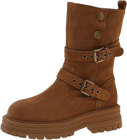 Women's Slouchy Mid Calf Boots Chunky Low Heel Platform Cowgirl Booties Lightweight Non-Slip Outdoor Walking Shoes in Saudi Arabia
