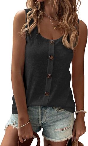 SHEWIN Womens Tank Tops Solid Button Crewneck Sleeveless Summer Tops Loose Fit in Saudi Arabia