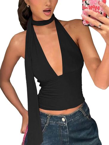 Womens Sexy Scarf Halter Tops Going Out Deep V Neck Sleeveless Backless Crop Top Slim Fit Y2k Summer Clubwear Party Top in Saudi Arabia