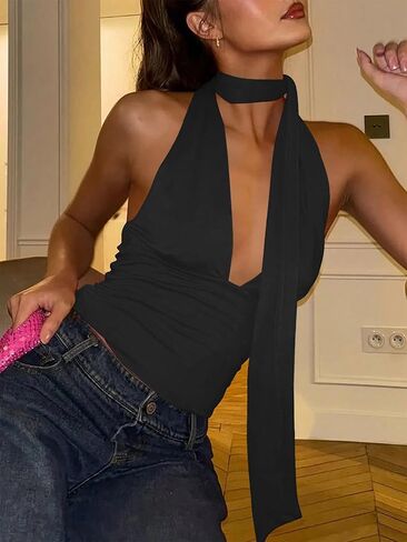 Womens Sexy Scarf Halter Tops Going Out Deep V Neck Sleeveless Backless Crop Top Slim Fit Y2k Summer Clubwear Party Top in Saudi Arabia