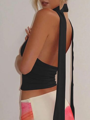 Womens Sexy Scarf Halter Tops Going Out Deep V Neck Sleeveless Backless Crop Top Slim Fit Y2k Summer Clubwear Party Top in Saudi Arabia