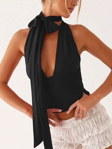 Womens Sexy Scarf Halter Tops Going Out Deep V Neck Sleeveless Backless Crop Top Slim Fit Y2k Summer Clubwear Party Top in Saudi Arabia