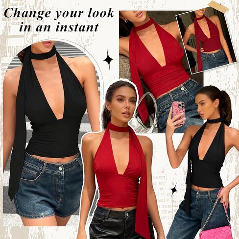 Womens Sexy Scarf Halter Tops Going Out Deep V Neck Sleeveless Backless Crop Top Slim Fit Y2k Summer Clubwear Party Top in Saudi Arabia