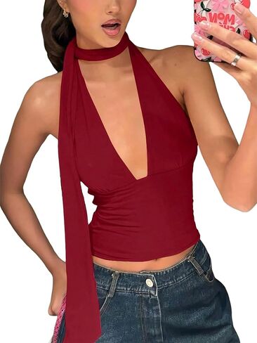 Womens Sexy Scarf Halter Tops Going Out Deep V Neck Sleeveless Backless Crop Top Slim Fit Y2k Summer Clubwear Party Top in Saudi Arabia