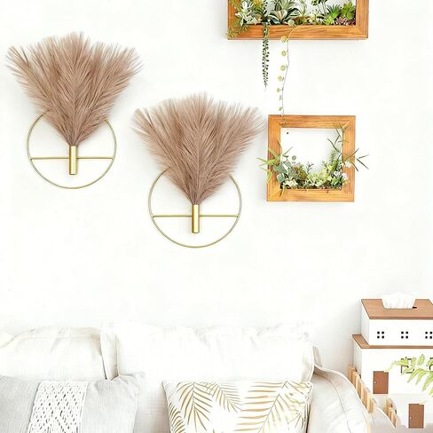 EMINGSKY 2 Pcs Boho Wall Decor - Gold Metal Wall Art with Artificial Pampas, Circular Hanging Display Stands for Living Room Bedroom (Gold Round) in Saudi Arabia