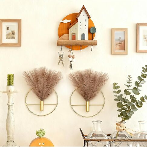 EMINGSKY 2 Pcs Boho Wall Decor - Gold Metal Wall Art with Artificial Pampas, Circular Hanging Display Stands for Living Room Bedroom (Gold Round) in Saudi Arabia