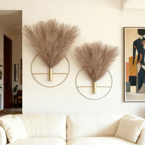 EMINGSKY 2 Pcs Boho Wall Decor - Gold Metal Wall Art with Artificial Pampas, Circular Hanging Display Stands for Living Room Bedroom (Gold Round) in Saudi Arabia