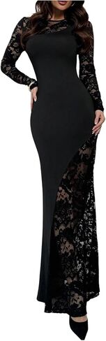 فستان سهرة نسائي من GORGLITTER مزين بالدانتيل على شكل زهور وأكمام طويلة وشفاف أنيق طويل in Kuwait