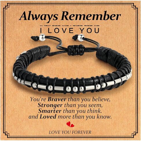 Morse Code Bracelets for Men - Gunmetal Beads Adjustable Black Leather Bracelets, Inspirational Jewelry for Him, Christmas Birthday Gifts for Men in Saudi Arabia