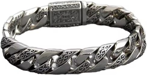 Vintage Sterling Silver Chain Bracelet for Men and Women, Engraved Vine Design, 8.7 Inches Length 22cm, 12mm Width in Saudi Arabia